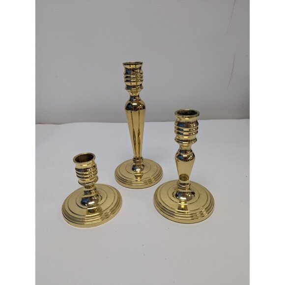 Lot of 3 Assorted Baldwin Solid Brass Candlesticks Candle Holders 7" 5" 3" - Picture 1 of 7